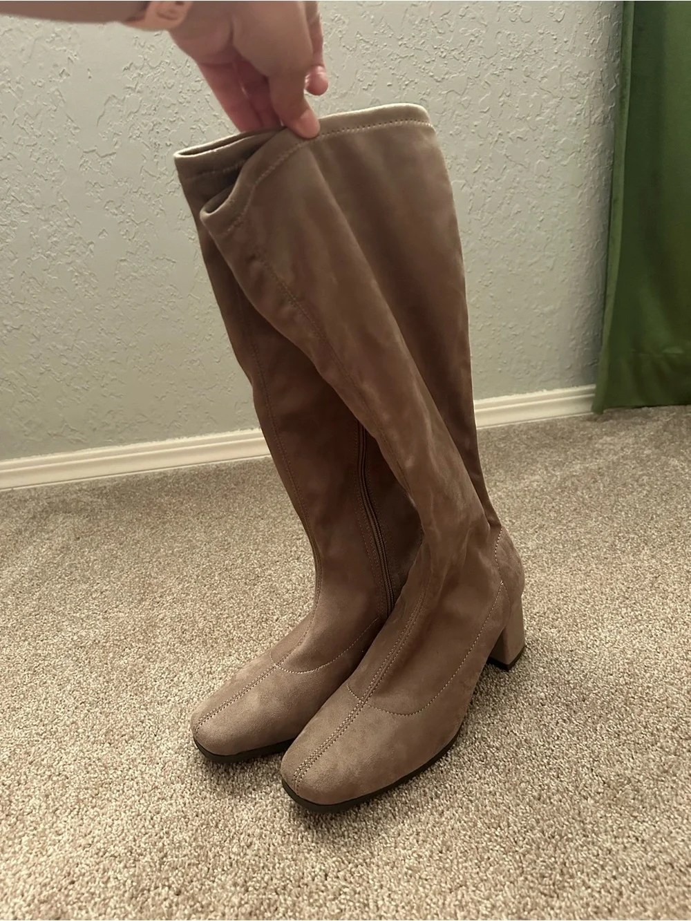 Brand New Knee-High Block Heel Faux Suede Boots in Taupe